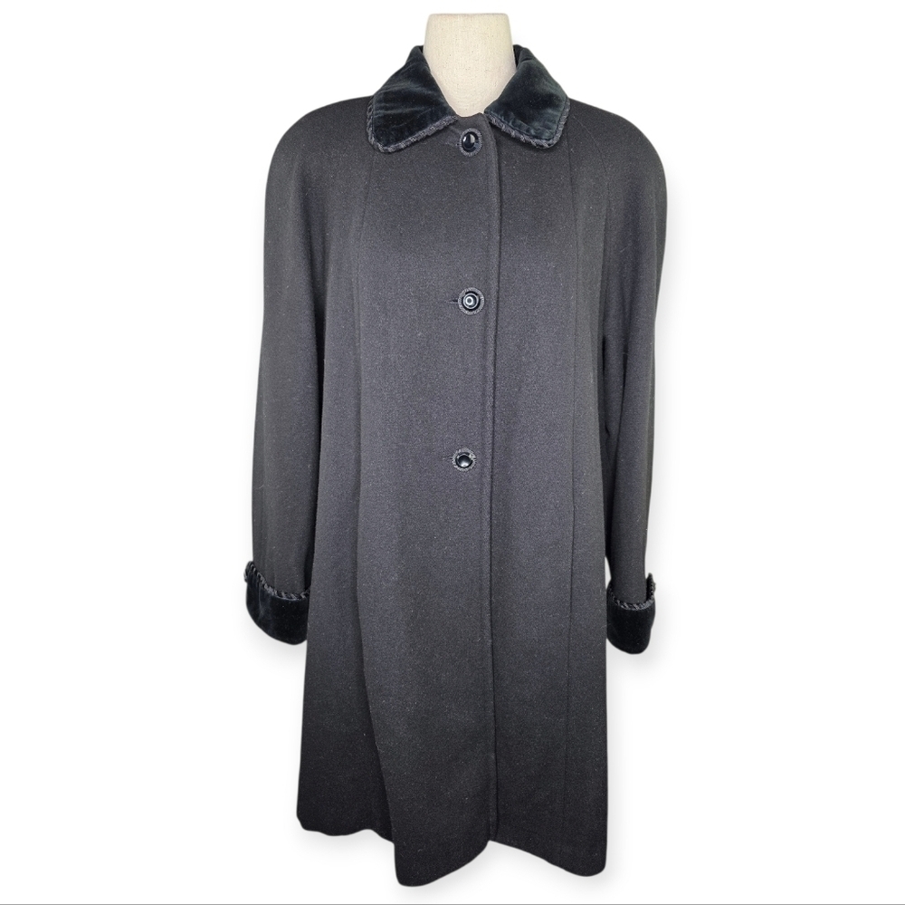 JaD J&D Vintage 100% Wool Coat XL Black Velvet Trim Made USA 80s 90s